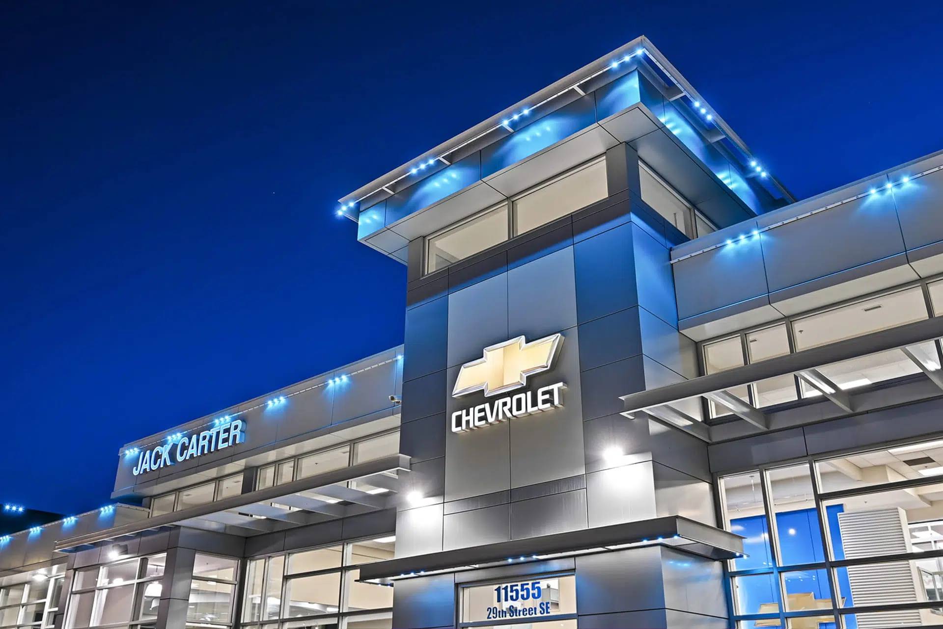 The dealership with blue architectural Gemstone lighting