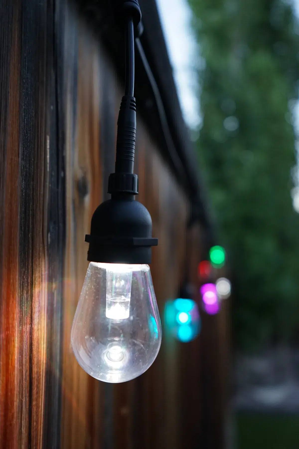 Warm white Gemstone patio bulb along a wooden fence